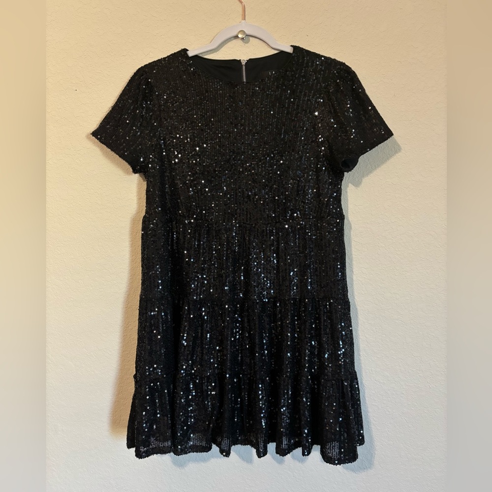 Taking a Shine Black Sequin Tiered Mini Shift Dress From Lulus